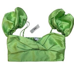 ASOS NWT Women's Sz 14 Green Satin Off‎ Shoulder Puff Sleeve Cropped Top